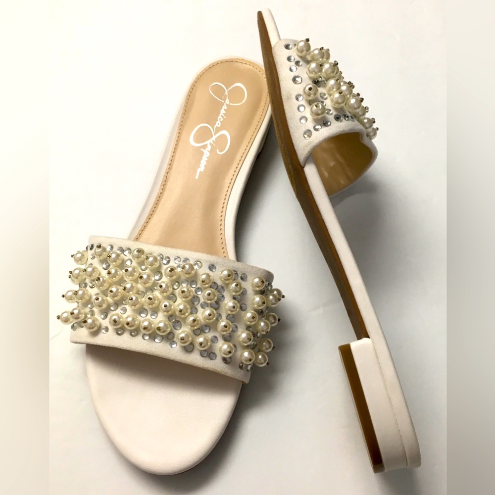 Jessica Simpson Pearl Rhinestone Flat Slip On Sandals Size 9.5 White Summer